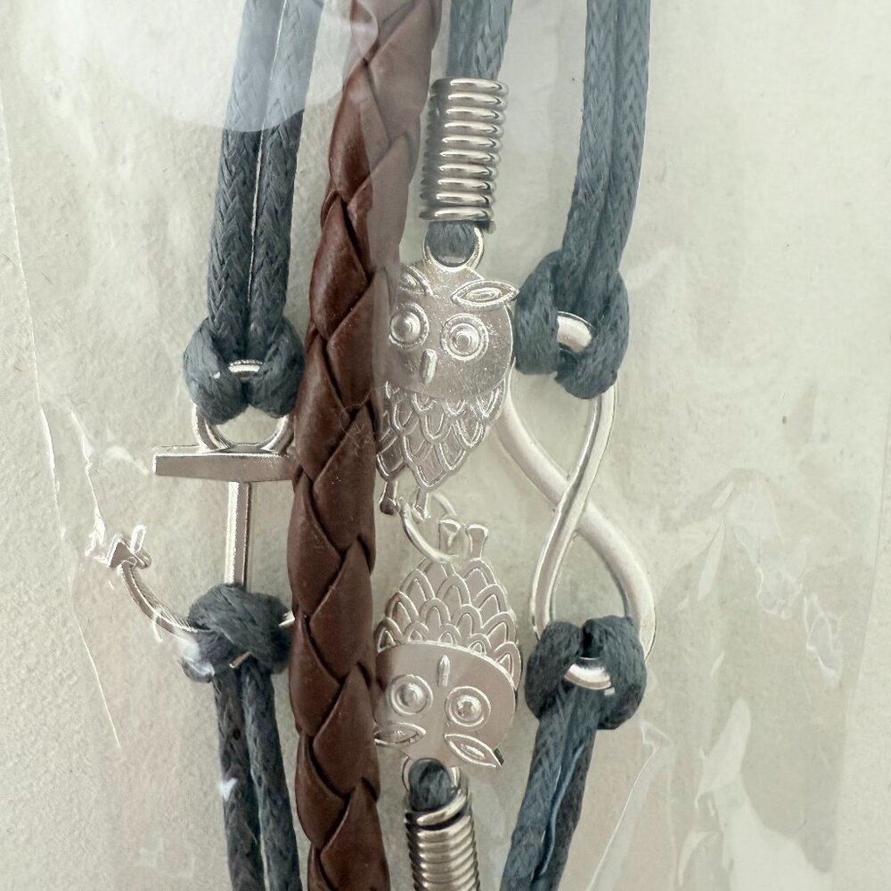 NWOT - Nautical Charm Multi-Strand Bracelet ⚓🦉♾️ Leather & Silver Tone Accent